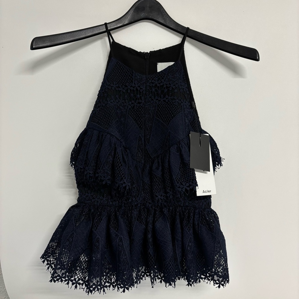 Acler Navy Lace Halter Peplum Top